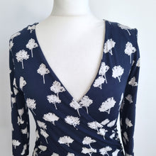 Load image into Gallery viewer, Phase Eight Dress Jersey Faux Wrap Navy Tree Print Stretch Work Office Knee 12