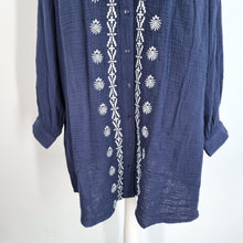 Load image into Gallery viewer, Yours Cheesecloth Embroidered Shirt UK 20 Navy Blue Tunic Button 100% Cotton