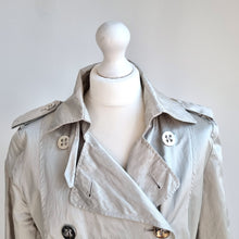 Load image into Gallery viewer, M&S Per Una Trenchcoat Light Gold Metallic Belted Lined Tiered Back Party 14