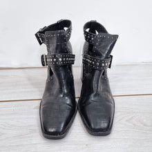 Load image into Gallery viewer, Zara Boots Buckles Studded Ankle Black Faux Crocodile Leather Cutout UK 7 EU 40