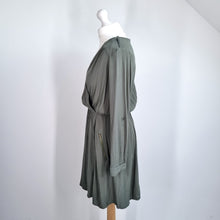 Load image into Gallery viewer, Maeve Dress Khaki Green Long Sleeves Grecian Military Draped Faux Wrap Medium