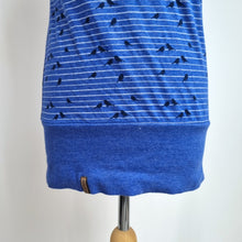 Load image into Gallery viewer, Naketano Tunic Top Blue Bird Print Striped Size Large Cotton Blend Jersey Bardot