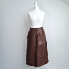 Load image into Gallery viewer, Vintage Real Leather Skirt Brown Fits UK 8 Knee Length High Waist A-Line Pockets