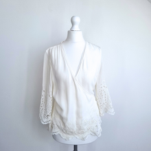 Load image into Gallery viewer, AllSaints Wrap Top Off-White Lace Zariah Broderie Blouse Scallop Sleeves 8