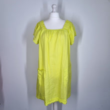 Load image into Gallery viewer, Next 100% Linen Dress UK 18 Neon Lime Yellow Smock Pockets Casual Short Sleeves