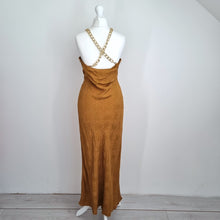 Load image into Gallery viewer, Warehouse Midi Dress Chain Straps Cutout 8 10 Tan Jacquard Party Halter Ruched
