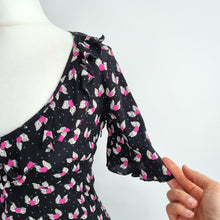 Load image into Gallery viewer, Kate Moss Topshop Tea Dress Skater Mini Winged Hearts Black Y2K Ditsy Viscose 10