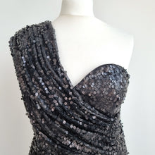 Load image into Gallery viewer, Opulence Sequin Dress Black Party One Shoulder Mini Grecian Clubbing Lined 12