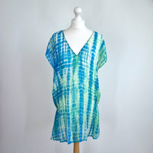 Load image into Gallery viewer, Warehouse 100% Silk Top Tunic Large Tie-Dye Blue Green Blouse Beach Coverup