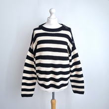 Load image into Gallery viewer, New Look Striped Jumper Size Large Black Cream Button Shoulder Boxy Breton