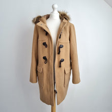 Load image into Gallery viewer, M&S Duffle Coat Camel UK 14 Faux Fur Hooded Toggle Winter Coat Caramel Lined