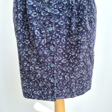 Load image into Gallery viewer, Kew Corduroy Tulip Skirt UK 10 Ditsy Floral Button Cotton Stretch Blue Pockets