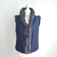 Load image into Gallery viewer, M&S Per Una Gilet Navy Blue Faux Fur Trim Vest Medium Waistcoat Pockets Casual