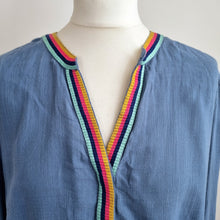 Load image into Gallery viewer, Boden Blouse Embroidered Rainbow Trim UK 16 Blue Top Buttons Cotton Long Sleeve