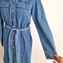 Load image into Gallery viewer, PIECES Denim Shirt Dress Belted Large Button Front Long Sleeve Blue Chambray