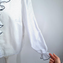 Load image into Gallery viewer, Vintage Polka Dot Blouse Ruffle Neck Bow 14 16 White Navy Long Sleeves Shirt