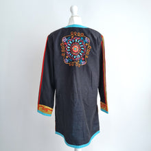 Load image into Gallery viewer, Indigo Moon Jacket Embroidered Duster Button Down Bohemian Patchwork Arty Small