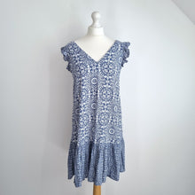 Load image into Gallery viewer, Next Morris & Co Dress Mini Linen Blend Blue White Tile Floral Print Mini 10