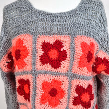 Load image into Gallery viewer, Handmade Crochet Jumper Granny Square Orange Neon Chunky Knit Floral One Size