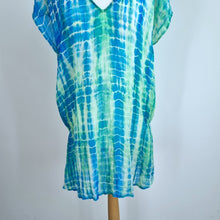 Load image into Gallery viewer, Warehouse 100% Silk Top Tunic Large Tie-Dye Blue Green Blouse Beach Coverup