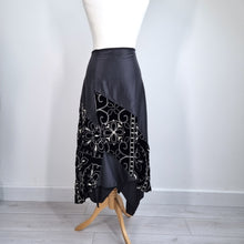 Load image into Gallery viewer, James Lakeland Midi Skirt UK 12 Black Velvet Embroidered Handkerchief Hem Party