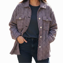 Load image into Gallery viewer, Zara Tweed Shacket Over Shirt Red Black Fringed Raw Rem Long Sleeves XS Work