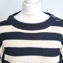 Load image into Gallery viewer, New Look Striped Jumper Size Large Black Cream Button Shoulder Boxy Breton