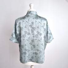 Load image into Gallery viewer, M&S Satin Blouse Chinese Qipao Jacquard Light Blue Top Short Sleeve Mock Neck 22
