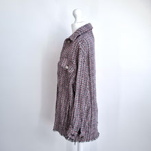 Load image into Gallery viewer, Zara Tweed Shacket Over Shirt Red Black Fringed Raw Rem Long Sleeves XS Work