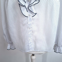 Load image into Gallery viewer, Vintage Polka Dot Blouse Ruffle Neck Bow 14 16 White Navy Long Sleeves Shirt