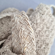 Load image into Gallery viewer, Principles Crossbody Bag Woven Crochet Macrame Beige Lined Rustic Flap Zipper