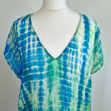 Load image into Gallery viewer, Warehouse 100% Silk Top Tunic Large Tie-Dye Blue Green Blouse Beach Coverup