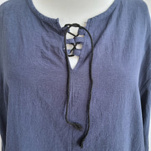 Load image into Gallery viewer, Lace Up Smock Blouse XXL Peasant Artisan Cotton Linen Navy Blue Tunic Workwear