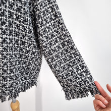 Load image into Gallery viewer, Zara Tweed Top Fringed XL Blouse Long Sleeves Boucle Black White Check Work