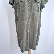 Load image into Gallery viewer, Nicole Miller Shirt Dress XL Linen Blend Khaki Green Button Down Safari Pockets