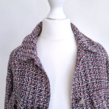 Load image into Gallery viewer, Zara Tweed Shacket Over Shirt Red Black Fringed Raw Rem Long Sleeves XS Work