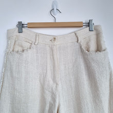 Load image into Gallery viewer, Zara Trousers Cream Wide Leg Large Raw Side Stripe High Rise Woven Tweed Pockets