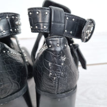 Load image into Gallery viewer, Zara Boots Buckles Studded Ankle Black Faux Crocodile Leather Cutout UK 7 EU 40