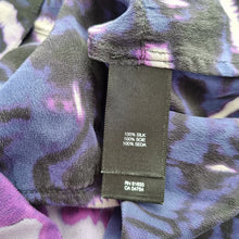 Load image into Gallery viewer, Kenneth Cole 100% Silk Top Small Tie-Dye Print Ruffles Sleeveless Zip Up Purple