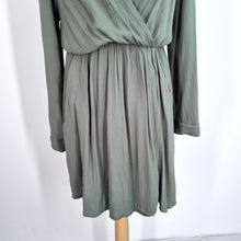 Load image into Gallery viewer, Maeve Dress Khaki Green Long Sleeves Grecian Military Draped Faux Wrap Medium