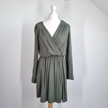Load image into Gallery viewer, Maeve Dress Khaki Green Long Sleeves Grecian Military Draped Faux Wrap Medium
