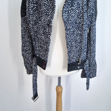 Load image into Gallery viewer, Capsule Tweed Biker Jacket UK 10 12 Faux Leather Boucle Wool Blue NEW T4 Work