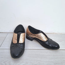 Load image into Gallery viewer, Lollipops Glitter Brogues Shoes UK6 Oxford Ladies Flats Party Gold Black Leather