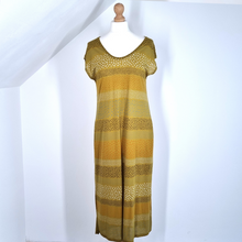 Load image into Gallery viewer, Gudrun Sjoden Dress Midi Maxi Pockets Jersey Lagenlook Mustard Striped Medium