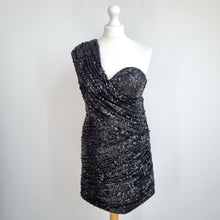 Load image into Gallery viewer, Opulence Sequin Dress Black Party One Shoulder Mini Grecian Clubbing Lined 12