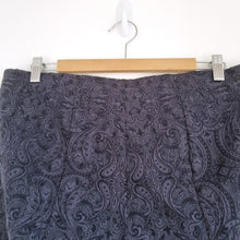 Load image into Gallery viewer, Robell Marie Trousers UK 18 Navy Blue Paisley Jacquard Stretch Slim Leg Office