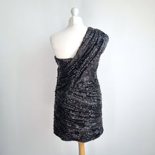 Load image into Gallery viewer, Opulence Sequin Dress Black Party One Shoulder Mini Grecian Clubbing Lined 12