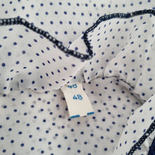 Load image into Gallery viewer, Vintage Polka Dot Blouse Ruffle Neck Bow 14 16 White Navy Long Sleeves Shirt