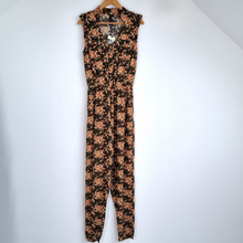 Load image into Gallery viewer, NWT Ruby Rocks Jumpsuit Brown Floral Print 8 Autumn Sleeveless Tapered Buttons