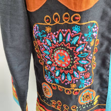 Load image into Gallery viewer, Indigo Moon Jacket Embroidered Duster Button Down Bohemian Patchwork Arty Small